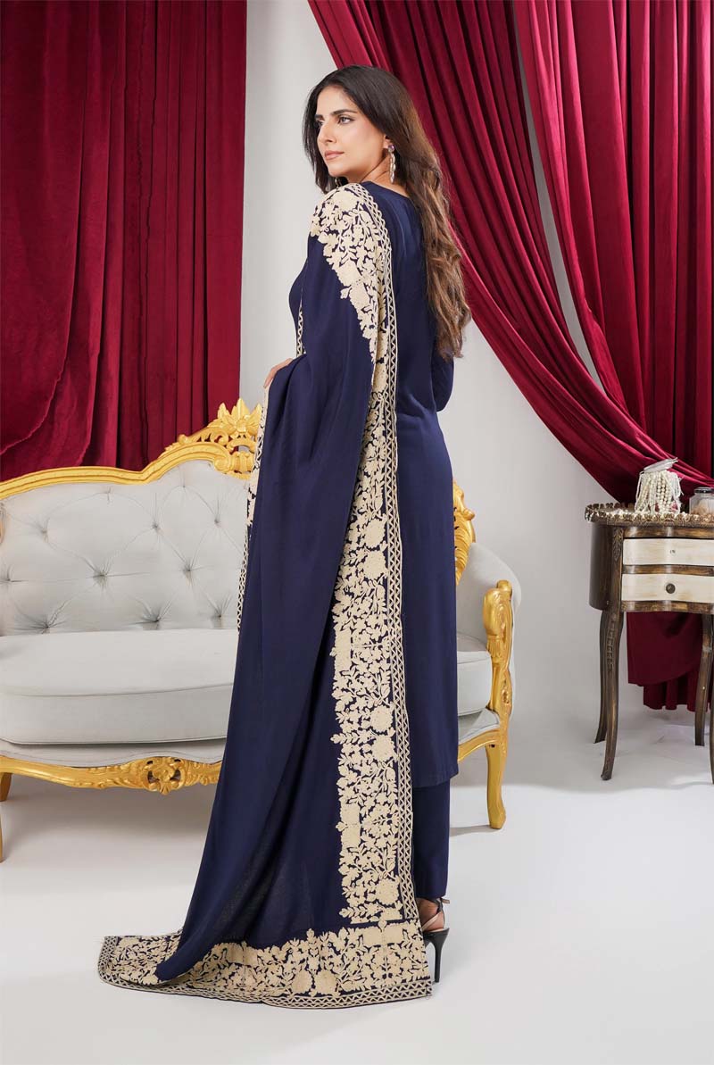 Sana 3 Piece Dhanak Linen Suit with Embroidered Shawl Navy Blue
