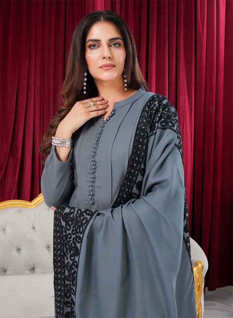 Sana 3 Piece Dhanak Linen Suit with Embroidered Shawl Grey