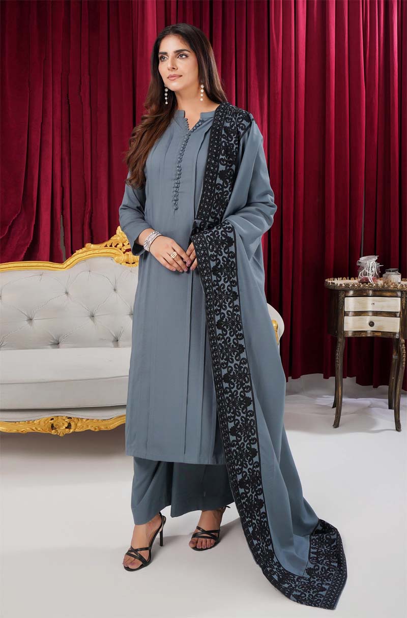 Sana 3 Piece Dhanak Linen Suit with Embroidered Shawl Grey