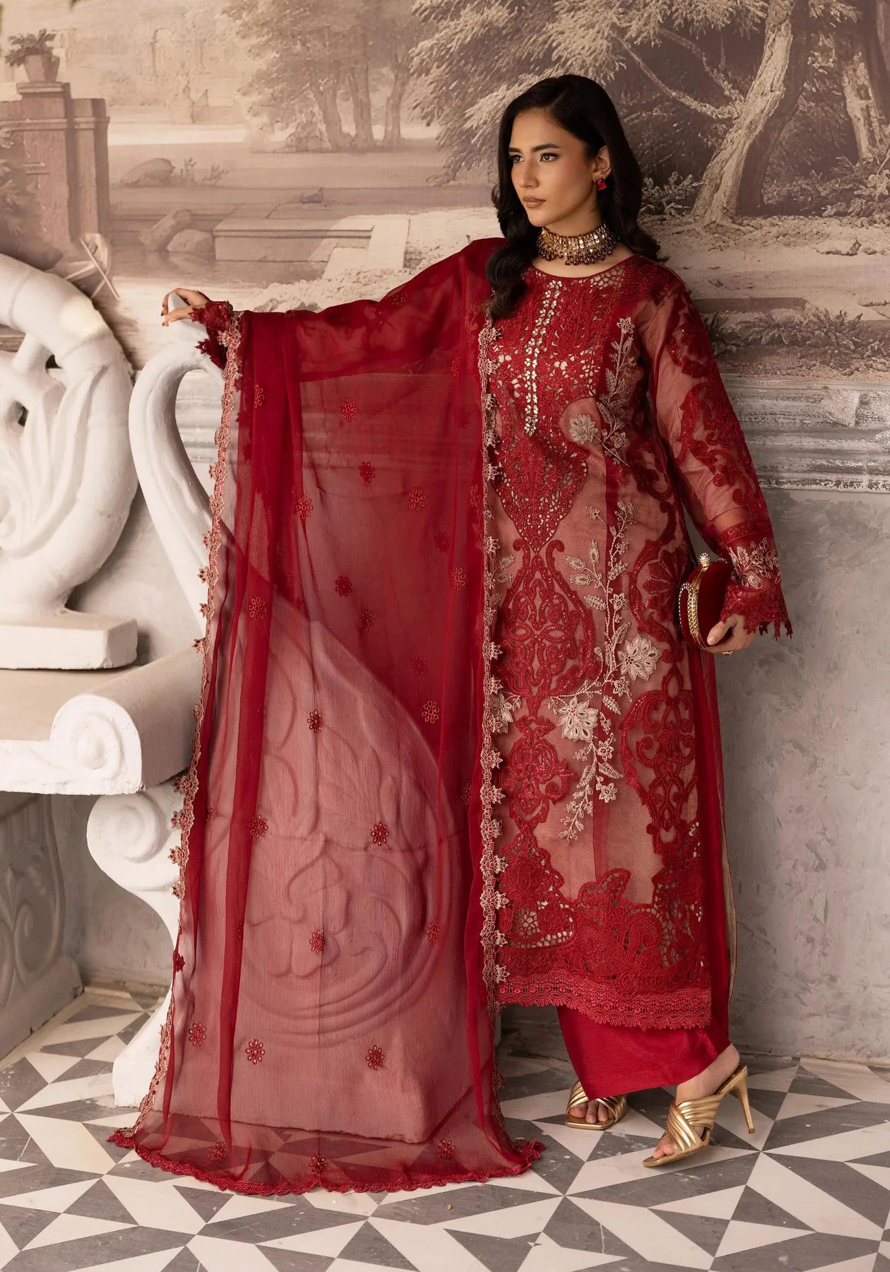 Maria B Inspired Mbroidered 3 Piece Wedding Outfit Maroon