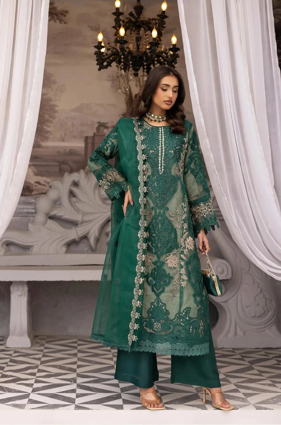 Maria B Inspired Mbroidered 3 Piece Wedding Outfit Green