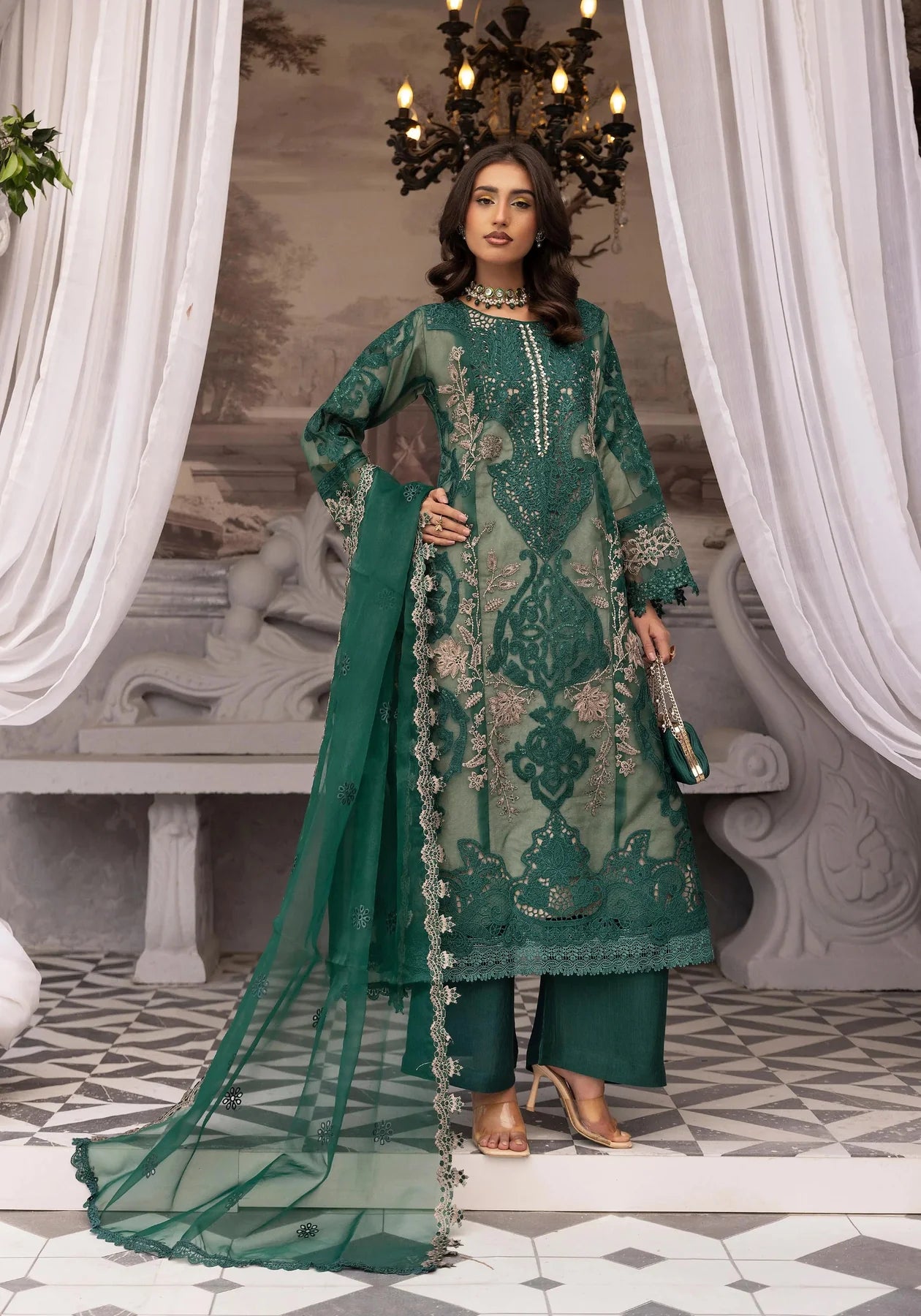 Maria B Inspired Mbroidered 3 Piece Wedding Outfit Green