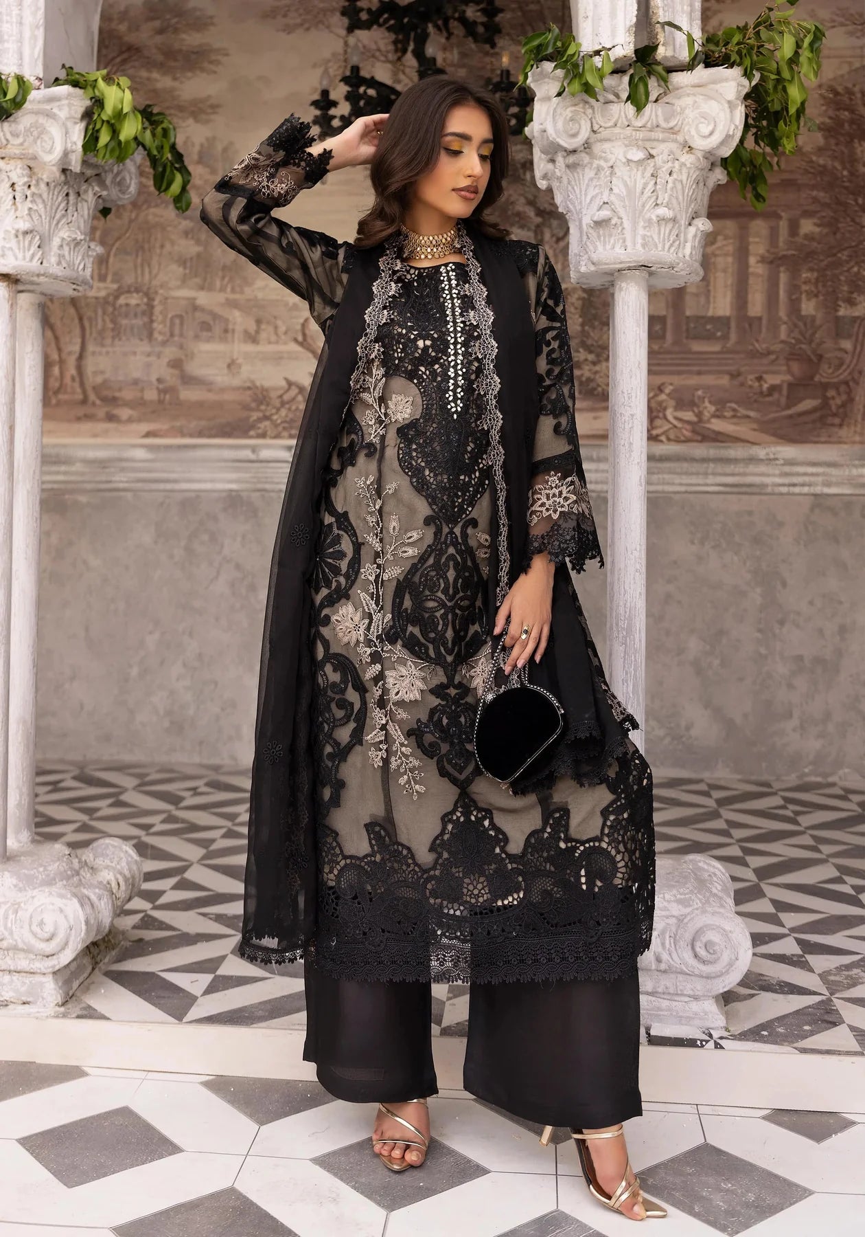 Maria B Inspired Mbroidered 3 Piece Wedding Outfit Black