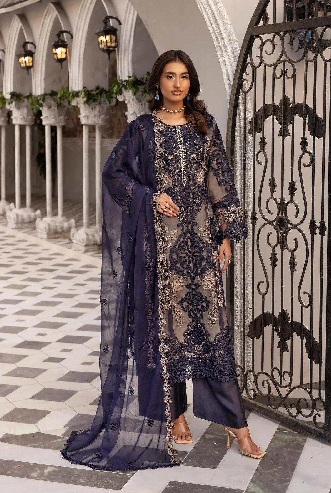 Maria B Inspired Mbroidered 3 Piece Wedding Outfit Navy