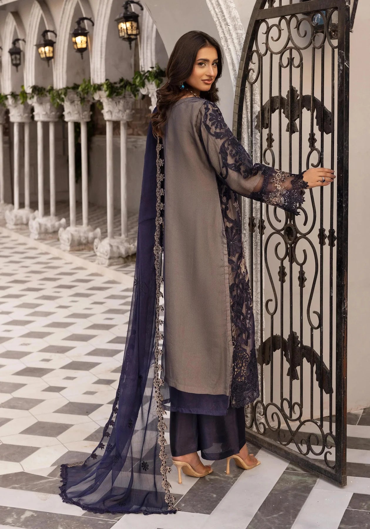 Maria B Inspired Mbroidered 3 Piece Wedding Outfit Navy