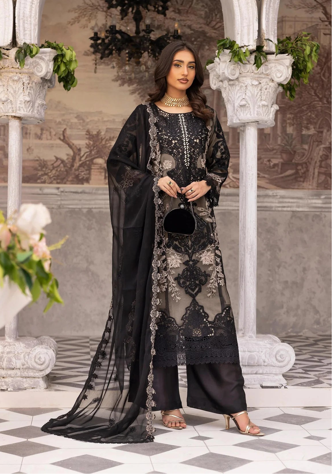 Maria B Inspired Mbroidered 3 Piece Wedding Outfit Black