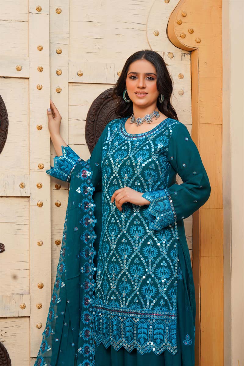 Desi Posh Eid Chiffon Teal 3 Piece Formal Sharara Outfit - Desi Posh