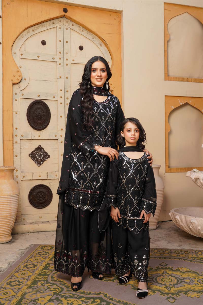Desi Posh Eid Chiffon Black 3 Piece Formal Sharara Outfit - Desi Posh