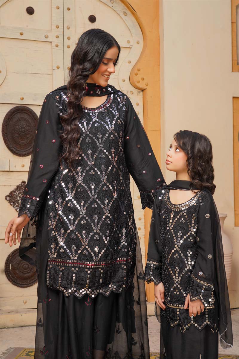 Desi Posh Eid Chiffon Black 3 Piece Formal Sharara Outfit - Desi Posh