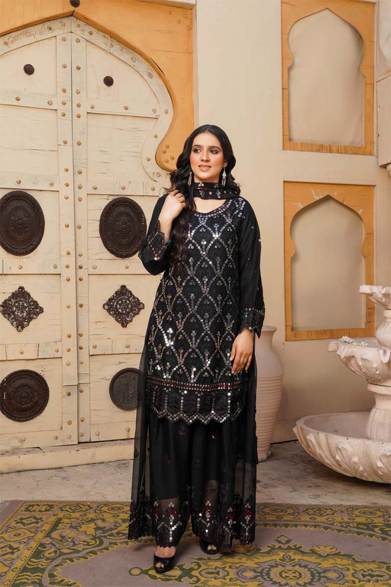 Desi Posh Eid Chiffon Black 3 Piece Formal Sharara Outfit - Desi Posh