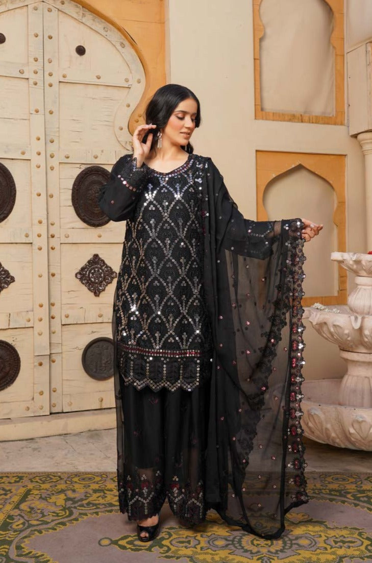 Desi Posh Eid Chiffon Black 3 Piece Formal Sharara Outfit Desi Posh Eid Chiffon Black 3 Piece Formal Sharara Outfit