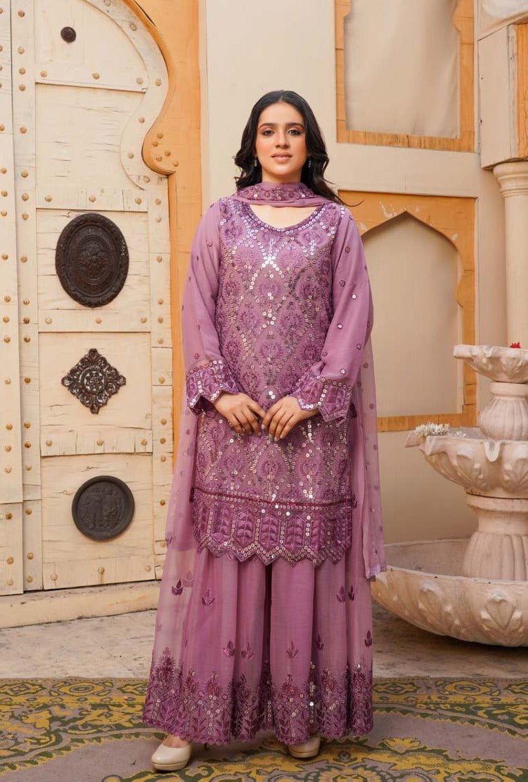 Desi Posh Eid Chiffon Lilac 3 Piece Formal Sharara Outfit - Desi Posh