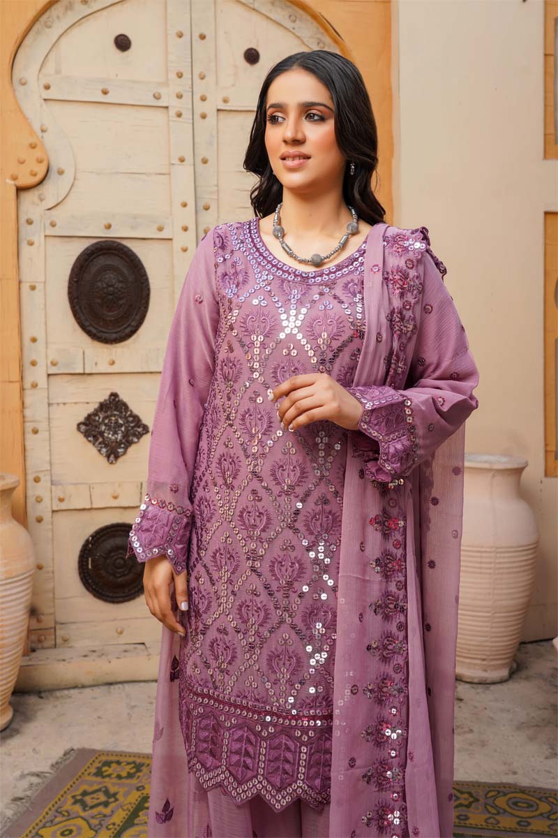 Desi Posh Eid Chiffon Lilac 3 Piece Formal Sharara Outfit - Desi Posh