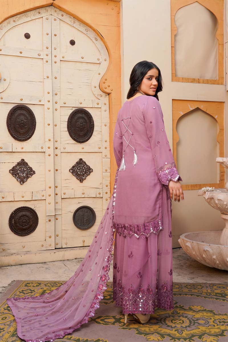 Desi Posh Eid Chiffon Lilac 3 Piece Formal Sharara Outfit - Desi Posh