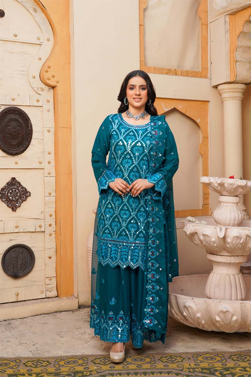 Desi Posh Eid Chiffon Teal 3 Piece Formal Sharara Outfit - Desi Posh