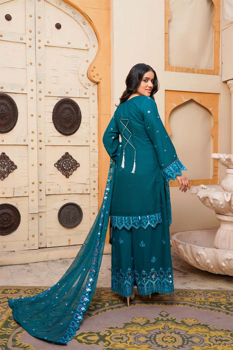Desi Posh Eid Chiffon Teal 3 Piece Formal Sharara Outfit - Desi Posh
