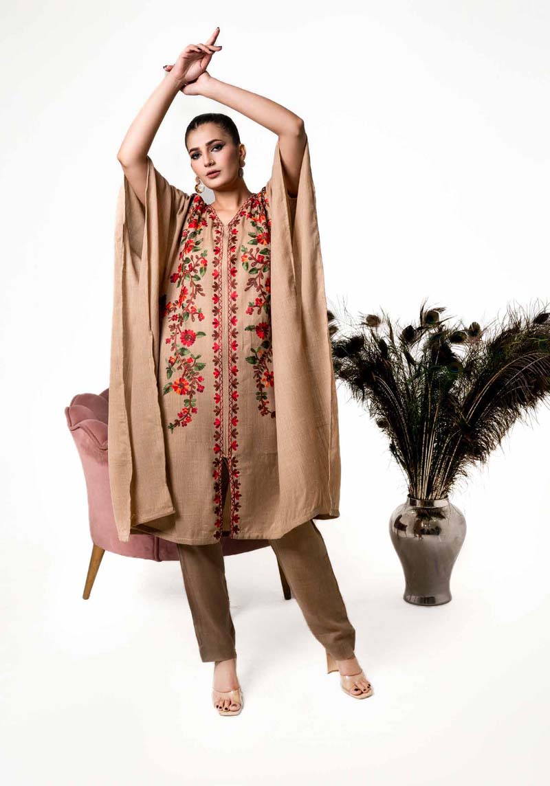 Amelia Karandi 2 Piece Winter Kaftan Outfit Beige - Desi Posh