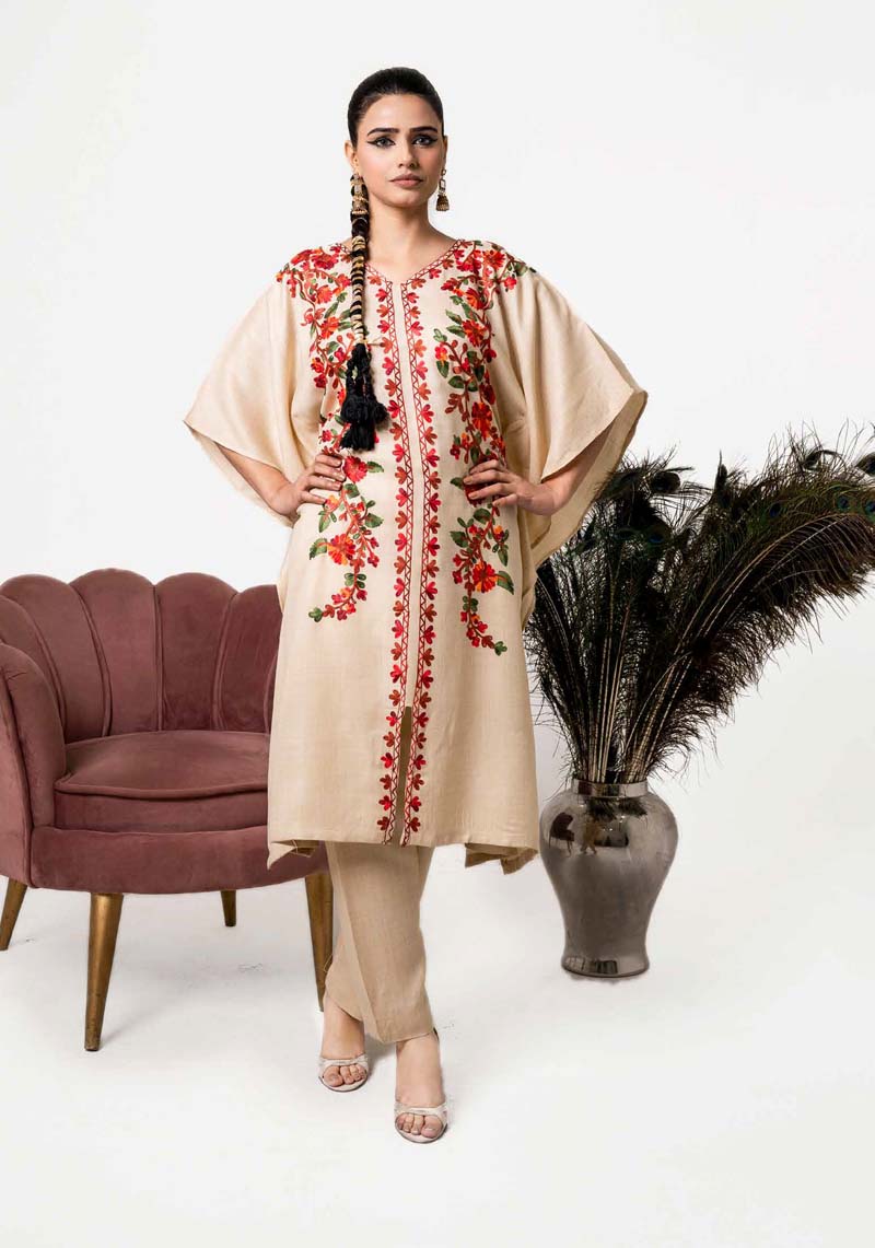 Amelia Karandi 2 Piece Winter Kaftan Outfit Cream - Desi Posh