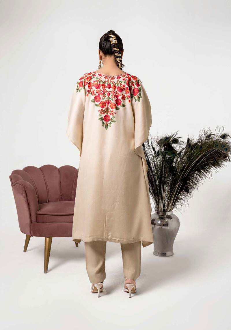 Amelia Karandi 2 Piece Winter Kaftan Outfit Cream - Desi Posh