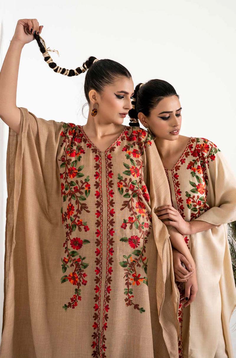 Amelia Karandi 2 Piece Winter Kaftan Outfit Beige - Desi Posh