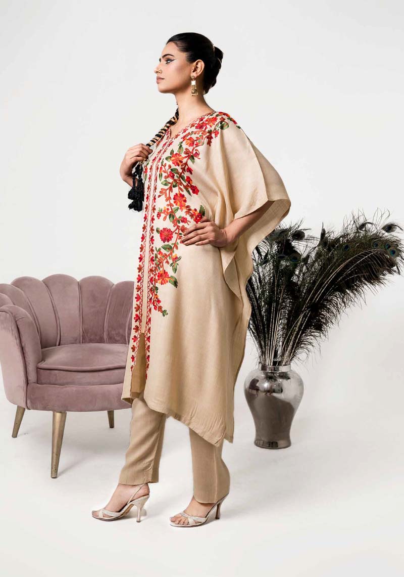 Amelia Karandi 2 Piece Winter Kaftan Outfit Cream - Desi Posh