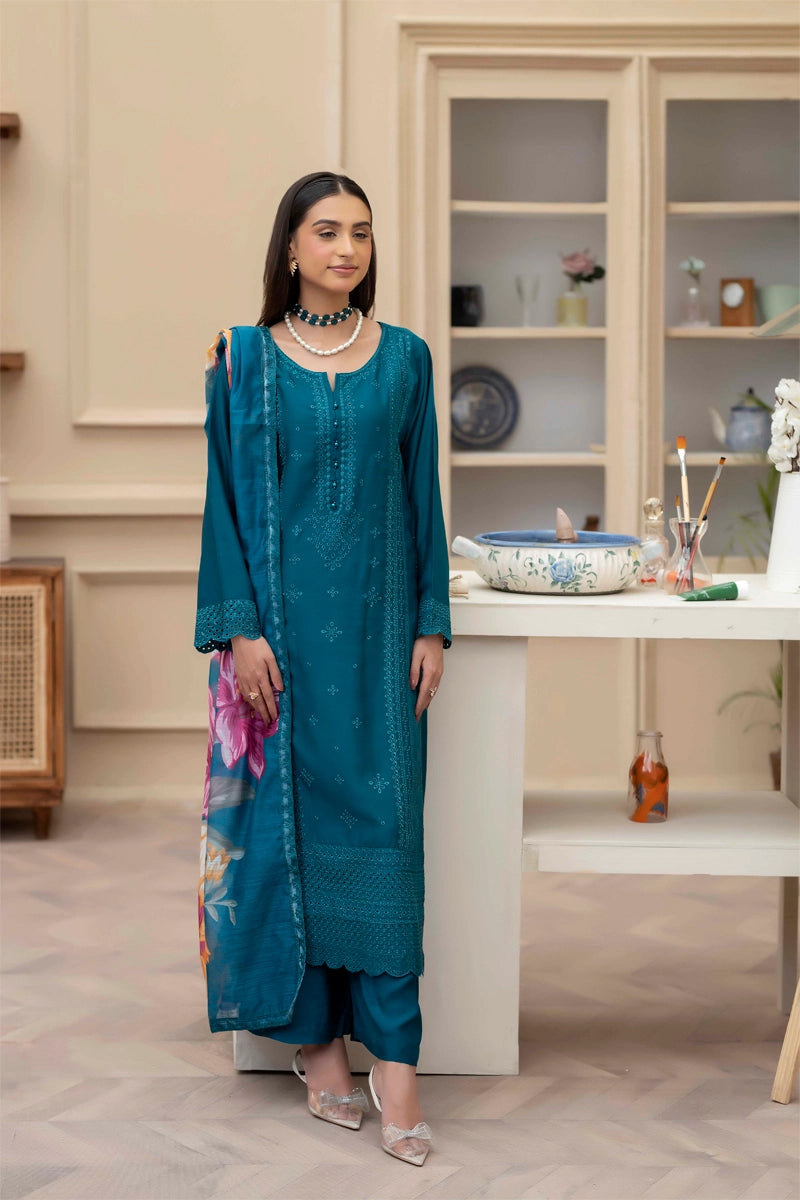 Sana Safinaz Inspired Viscose Teal Green Chikan Kari Mummy & Me Ladies Eid Outfit - Desi Posh