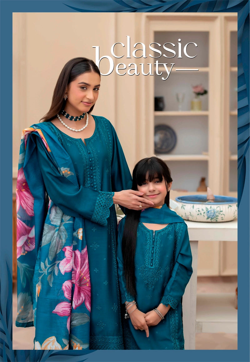 Sana Safinaz Inspired Viscose Teal Green Chikan Kari Mummy & Me Ladies Eid Outfit - Desi Posh