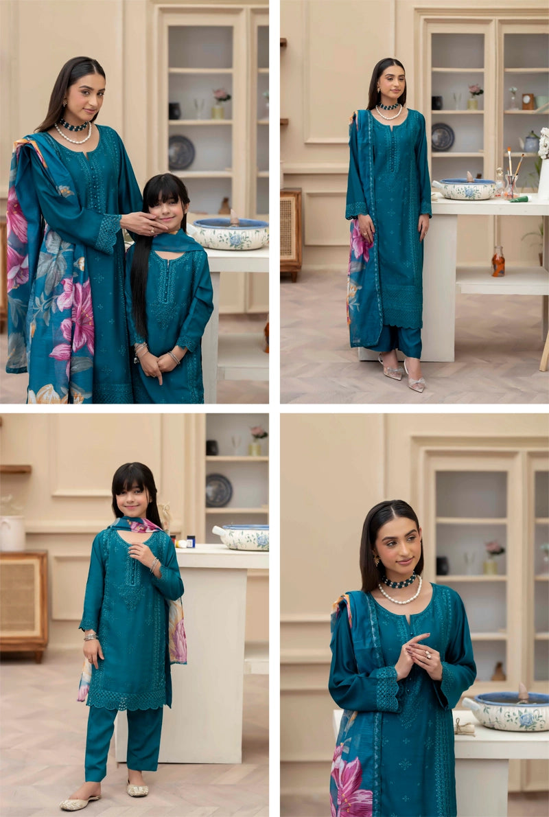 Sana Safinaz Inspired Viscose Teal Green Chikan Kari Mummy & Me Ladies Eid Outfit - Desi Posh