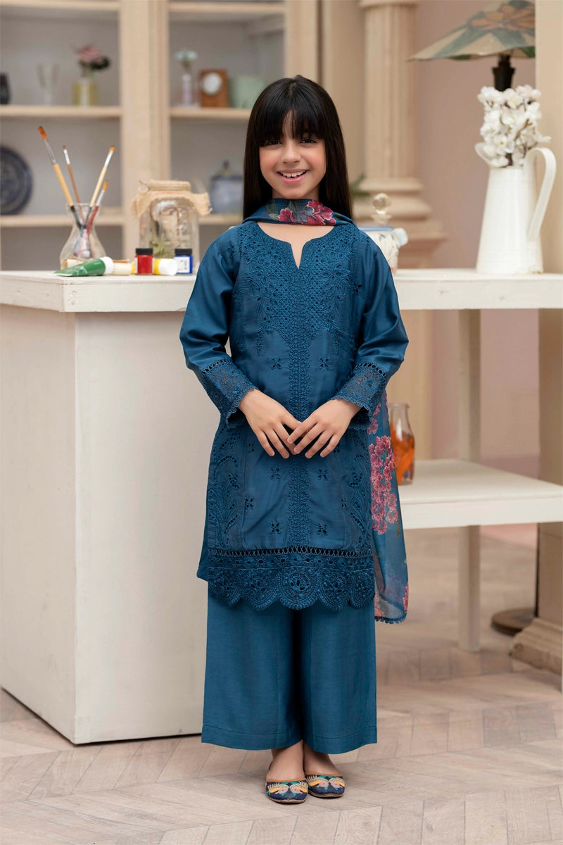 Sana Safinaz Inspired Viscose Teal Blue Chikan Kari Mummy & Me Girls Eid Outfit