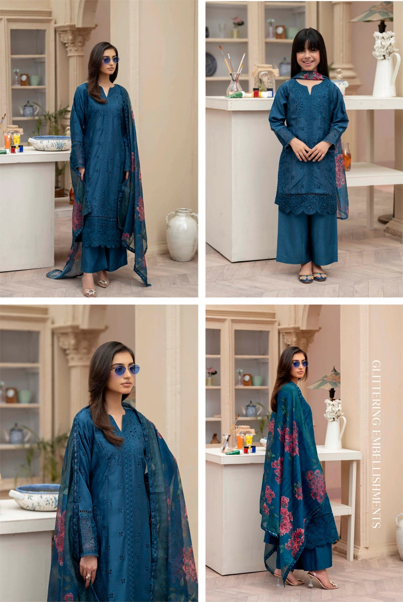 Sana Safinaz Inspired Viscose Teal Blue Chikan Kari Mummy & Me Girls Eid Outfit