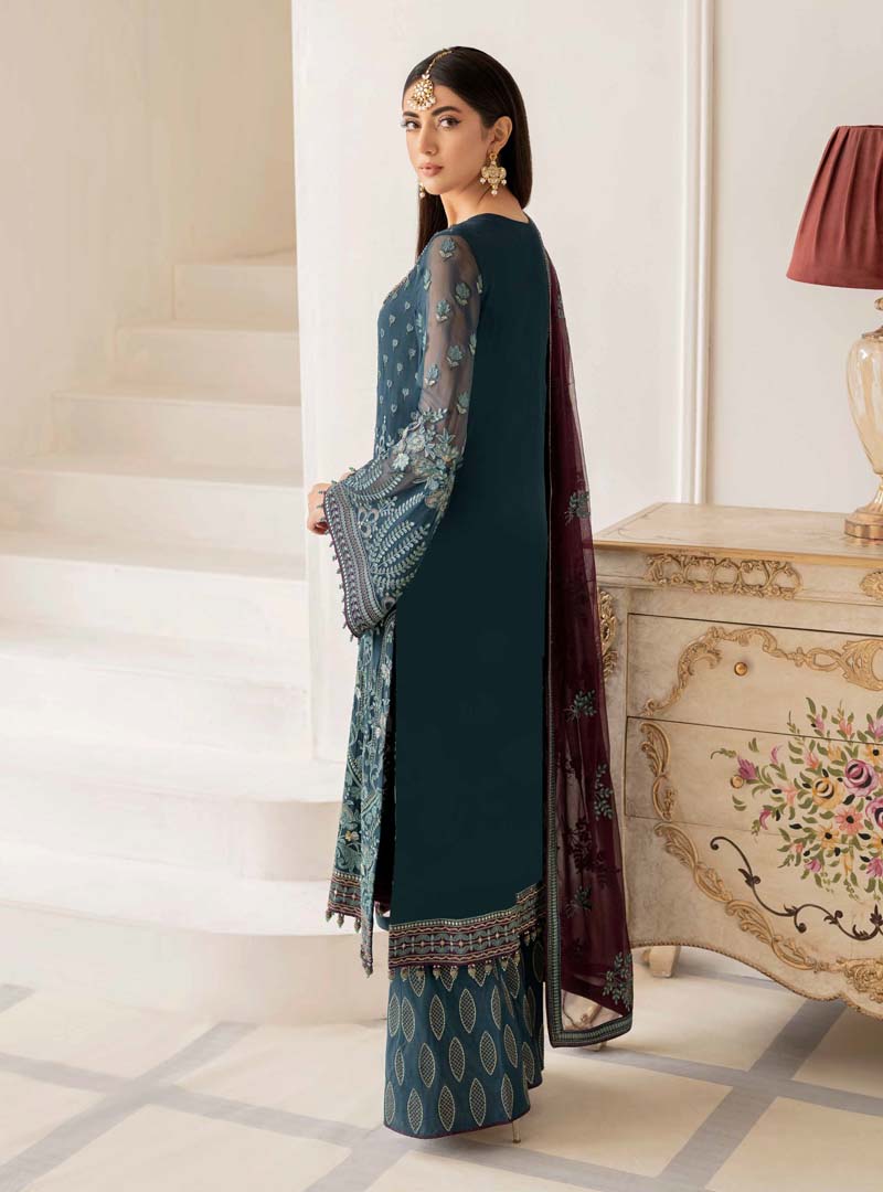 Flossie Emerald Motifs Ladies Embroidered Chiffon Readymade Suit - Desi Posh
