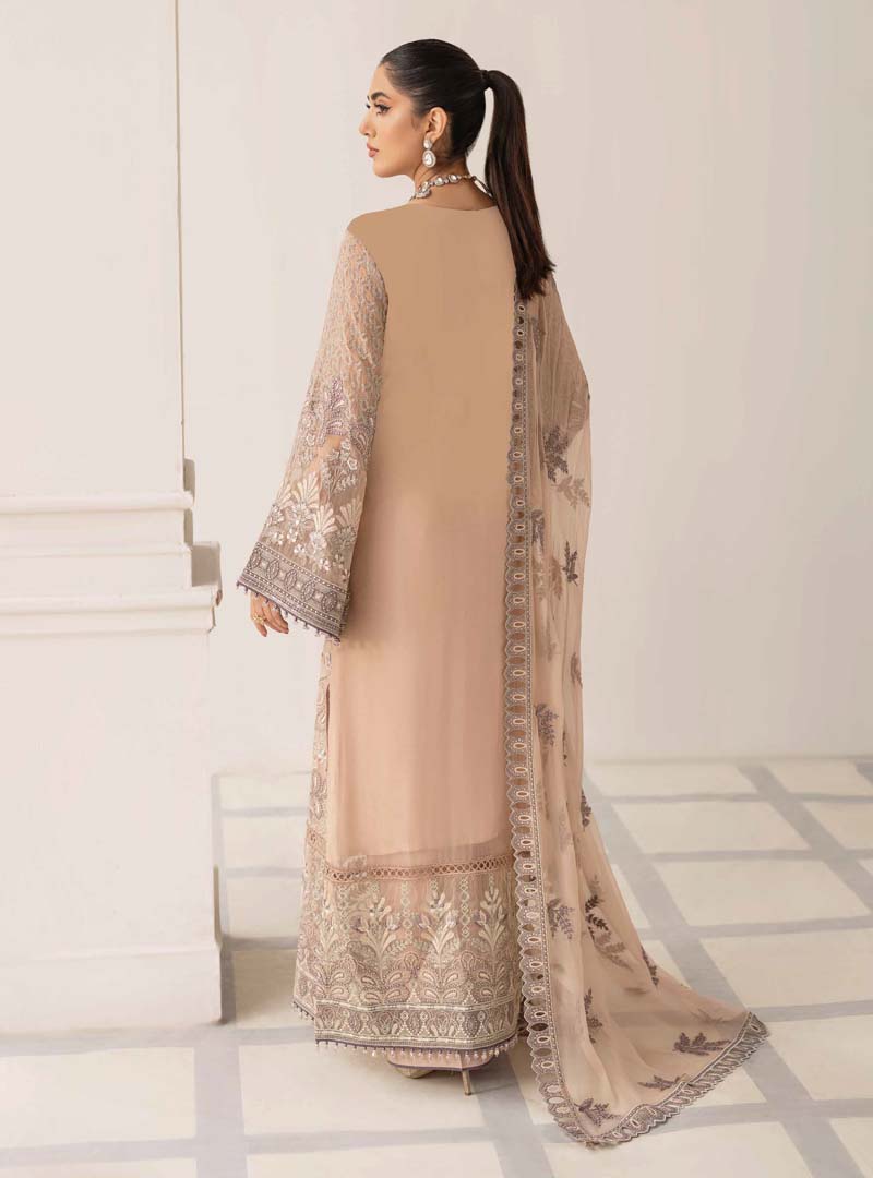 Flossie Radiant Persici Ladies Embroidered Chiffon Readymade Suit - Desi Posh