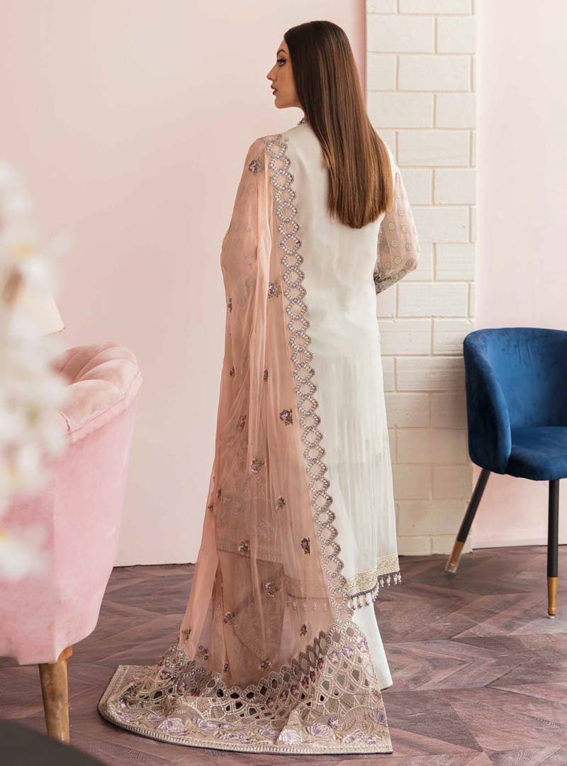 Flossie Ivory White Ladies Embroidered Chiffon Readymade Suit - Desi Posh