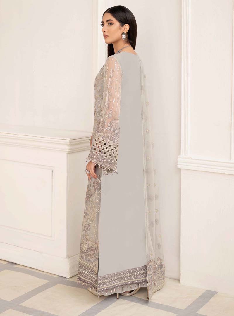 Flossie Silver Hyperbole Ladies Embroidered Chiffon Readymade Suit - Desi Posh