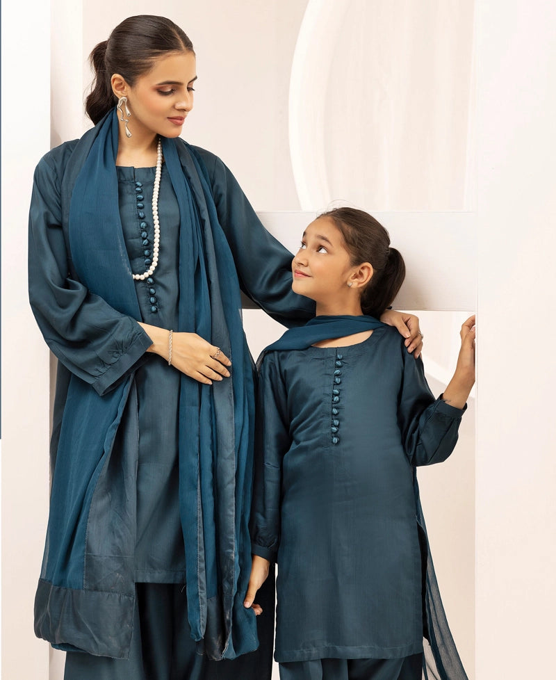 Simrans Farshi Mummy & Me Ladies Teal Viscose Outfit - Desi Posh