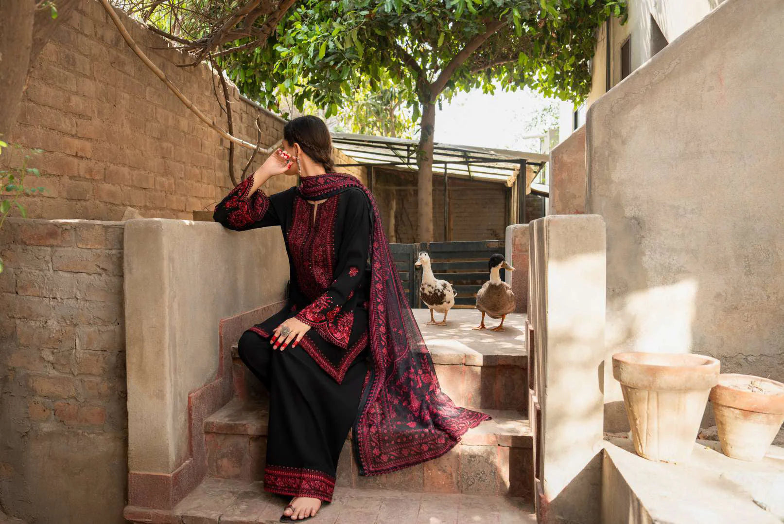 Sirf Tumhari Summer Special Black Classic Embroidered Suit with Embroidered Farshi Salwar - Desi Posh
