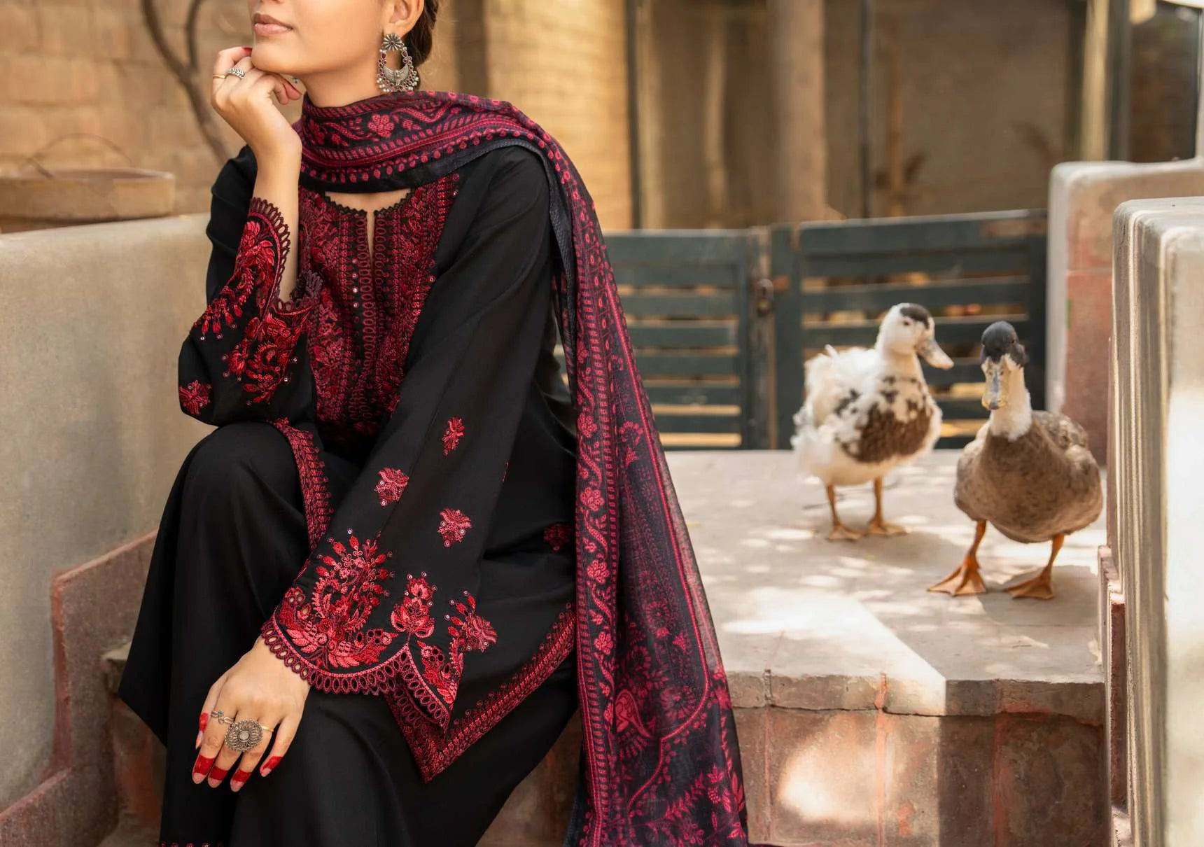 Sirf Tumhari Summer Special Black Classic Embroidered Suit with Embroidered Farshi Salwar - Desi Posh