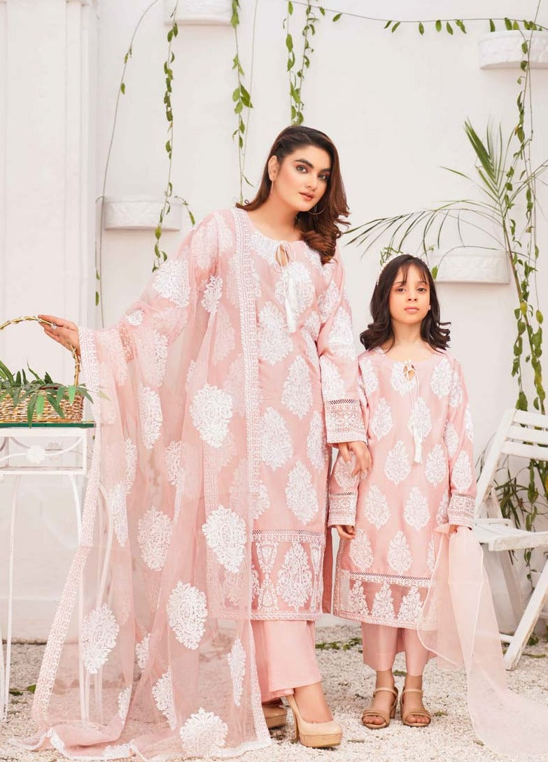 Jannat 2.0 Pink Mummy & Me Girls 3 Piece Suit With Net Dupatta - Desi Posh