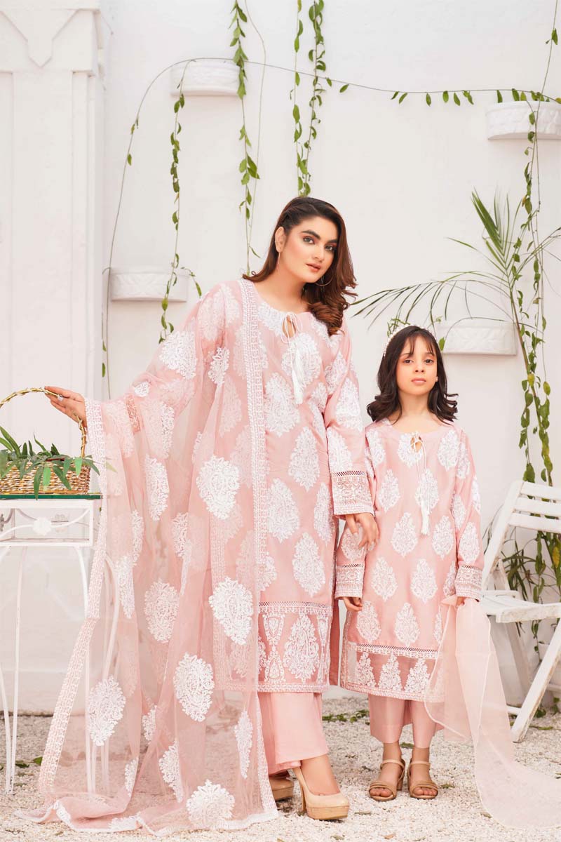 Jannat 2.0 Pink Ladies Mummy & Me 3 Piece Suit With Net Dupatta - Desi Posh