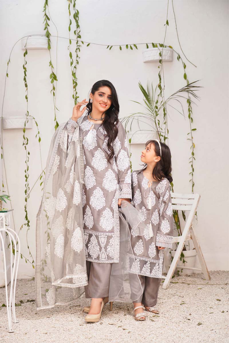 Jannat 2.0 Stone Grey Mummy & Me Girls 3 Piece Suit With Net Dupatta - Desi Posh