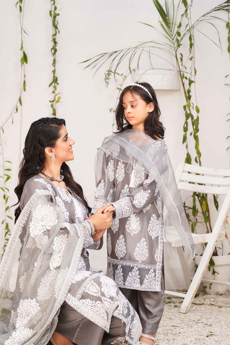 Jannat 2.0 Stone Grey Mummy & Me Girls 3 Piece Suit With Net Dupatta - Desi Posh