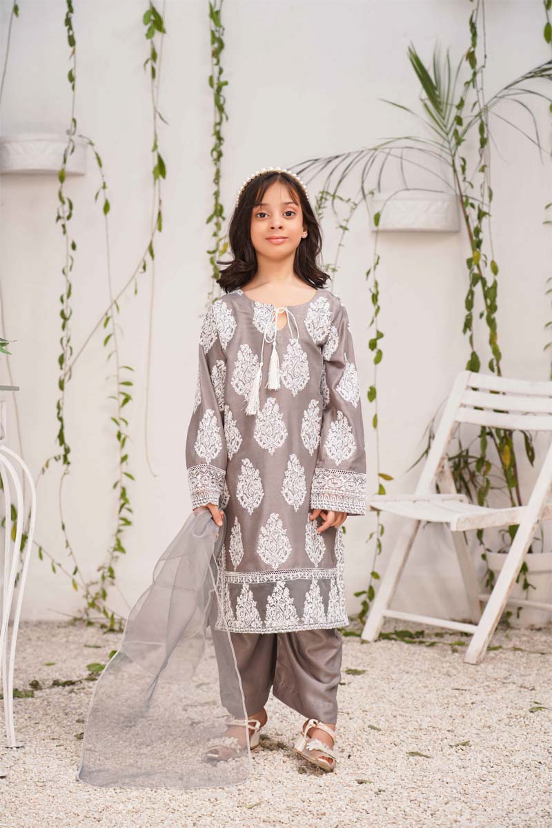 Jannat 2.0 Stone Grey Mummy & Me Girls 3 Piece Suit With Net Dupatta - Desi Posh