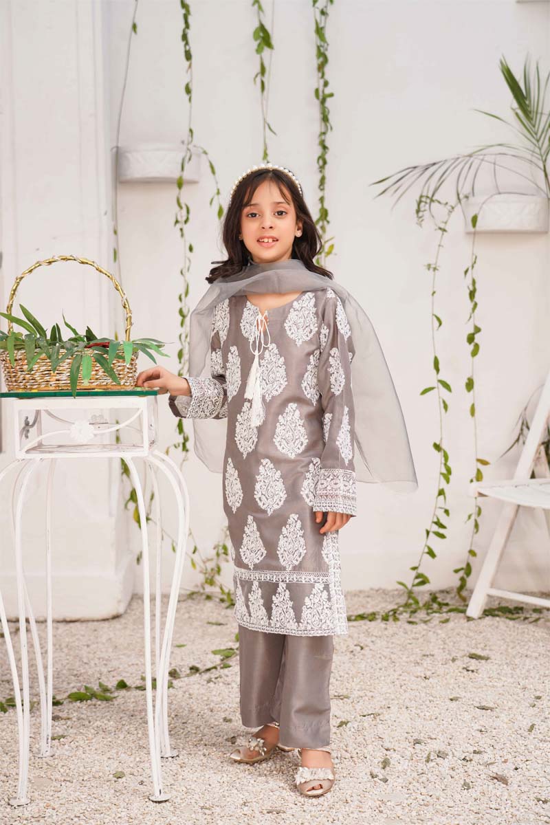 Jannat 2.0 Stone Grey Mummy & Me Girls 3 Piece Suit With Net Dupatta - Desi Posh