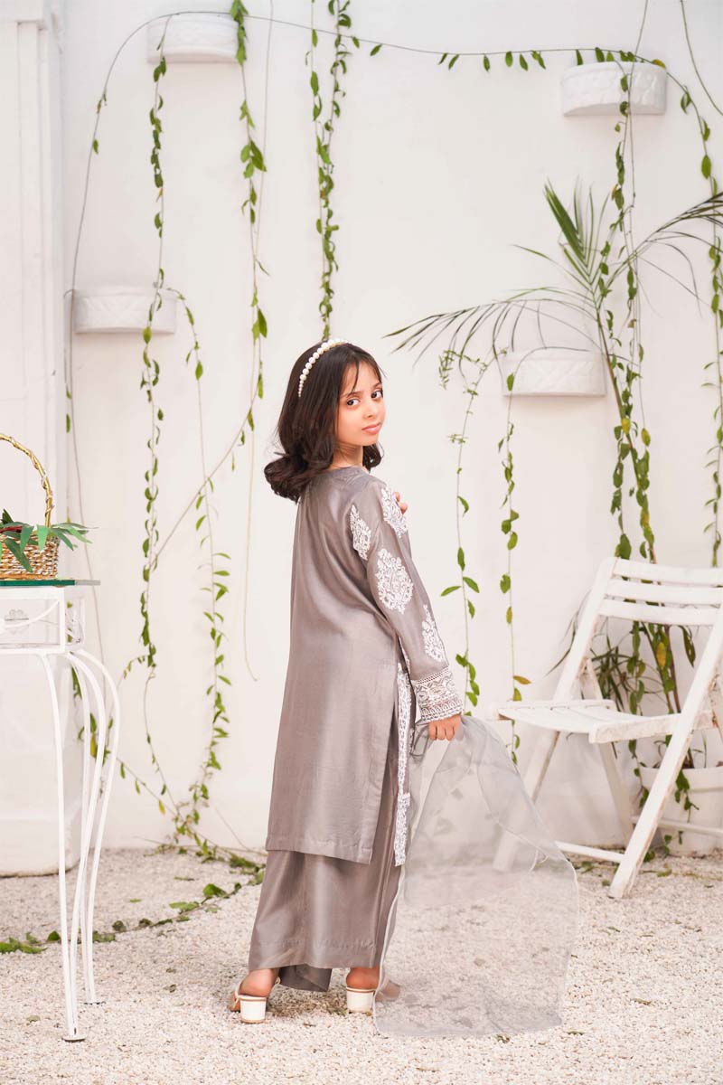 Jannat 2.0 Stone Grey Mummy & Me Girls 3 Piece Suit With Net Dupatta - Desi Posh