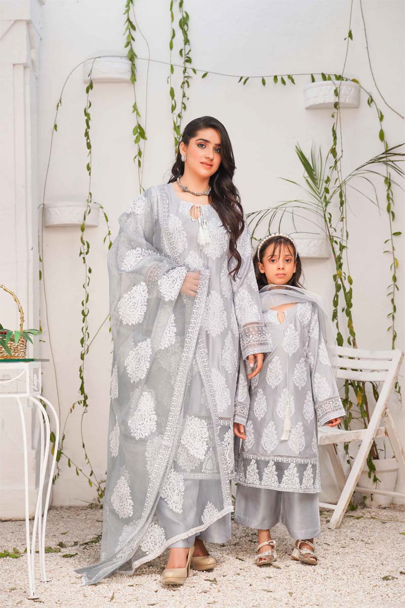 Jannat 2.0 Ice Grey Mummy & Me Girls 3 Piece Suit With Net Dupatta - Desi Posh