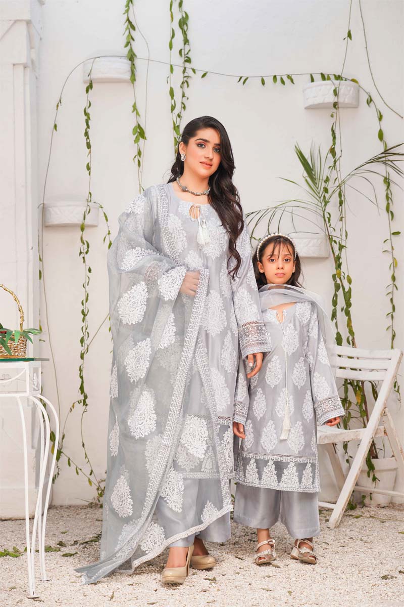 Jannat 2.0 Ice Grey Ladies Mummy & Me 3 Piece Suit With Net Dupatta - Desi Posh