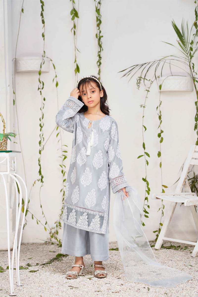 Jannat 2.0 Ice Grey Mummy & Me Girls 3 Piece Suit With Net Dupatta - Desi Posh