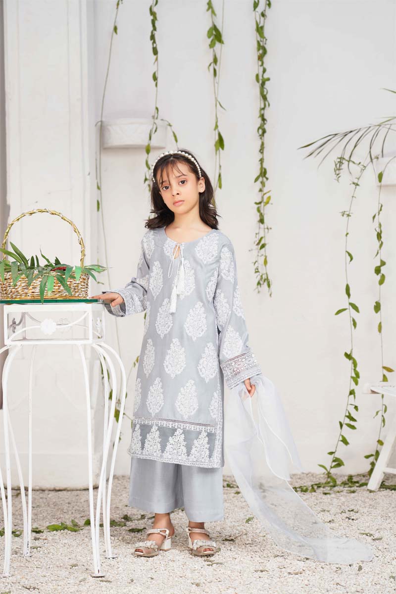 Jannat 2.0 Ice Grey Mummy & Me Girls 3 Piece Suit With Net Dupatta - Desi Posh