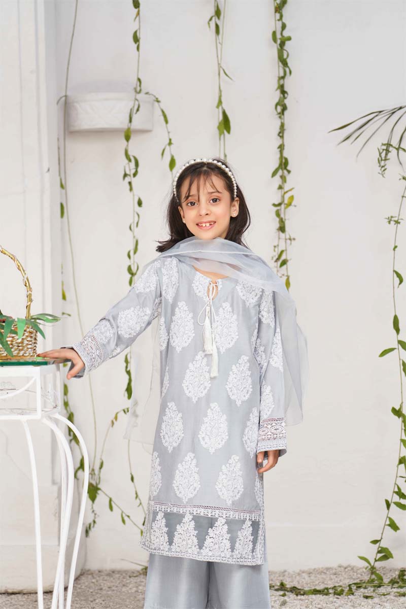 Jannat 2.0 Ice Grey Mummy & Me Girls 3 Piece Suit With Net Dupatta - Desi Posh