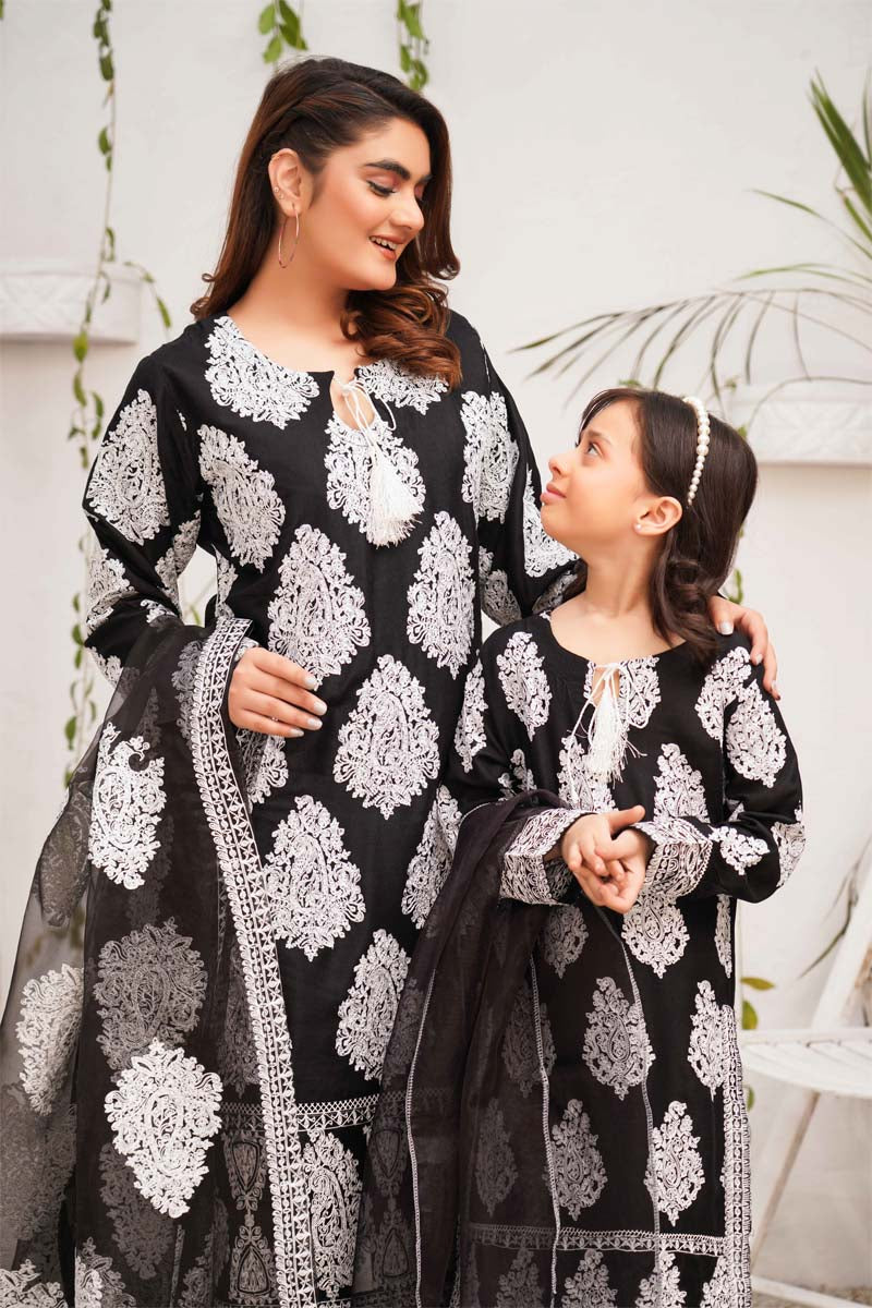 Jannat 2.0 Black Ladies Mummy & Me 3 Piece Suit With Net Dupatta - Desi Posh